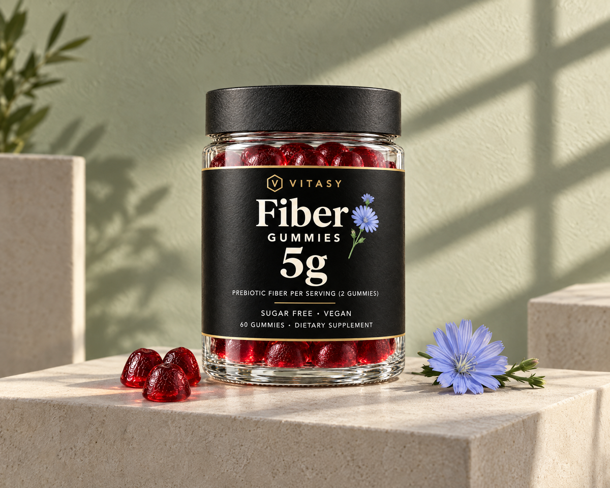 Vitasy Fiber Gummies jar on a stone plinth