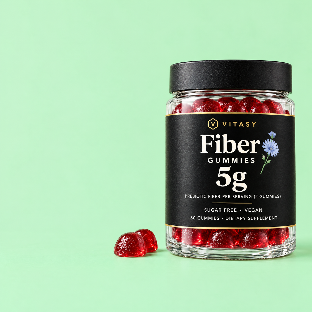 Vitasy Fiber Gummies jar on a mint background
