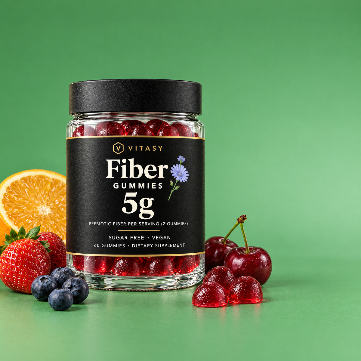 Vitasy Fiber Gummies jar with fresh fruit