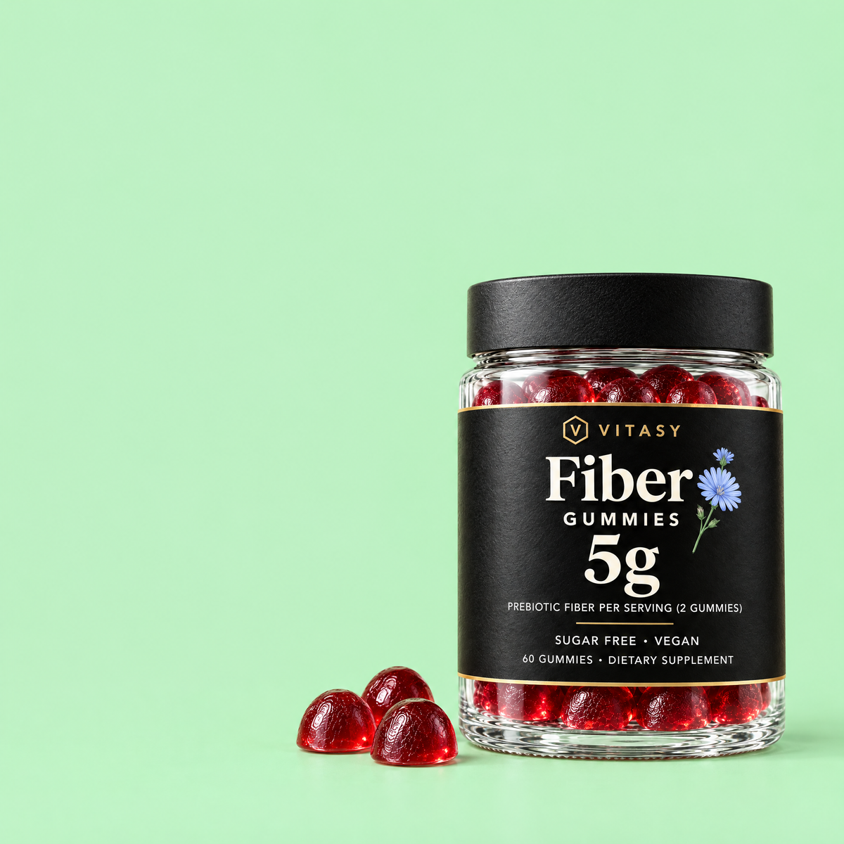 Vitasy Fiber Gummies jar with red gummies