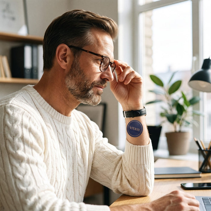Man with glasses at work with a Vitasy patch on his wrist