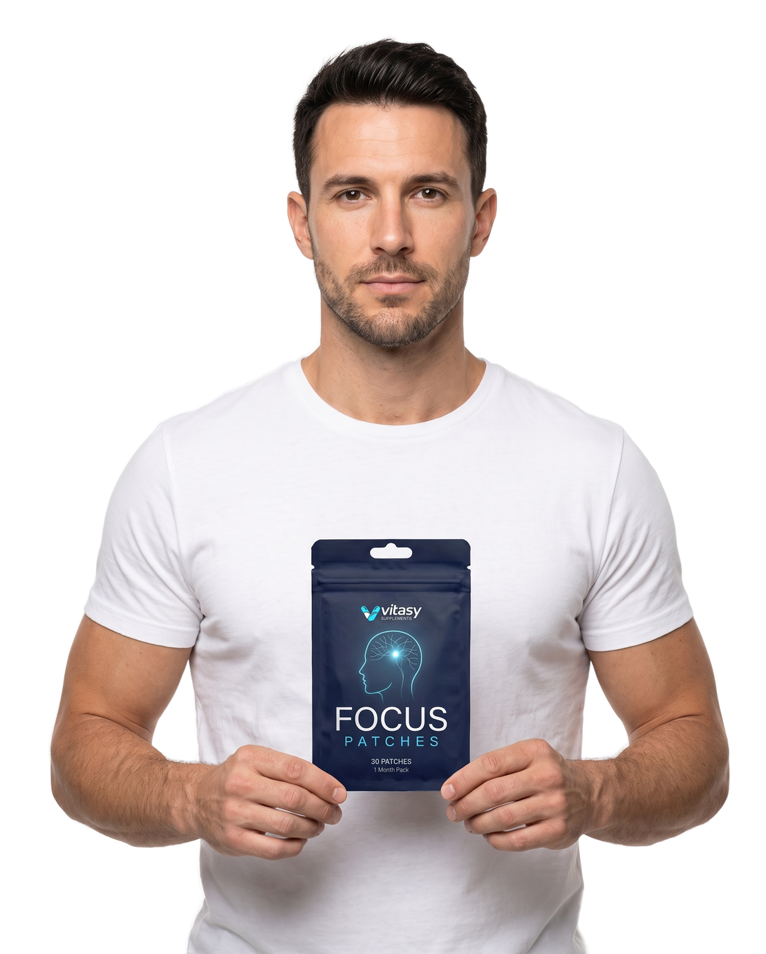 Man in a white T-shirt holding a Vitasy Focus Patches pouch