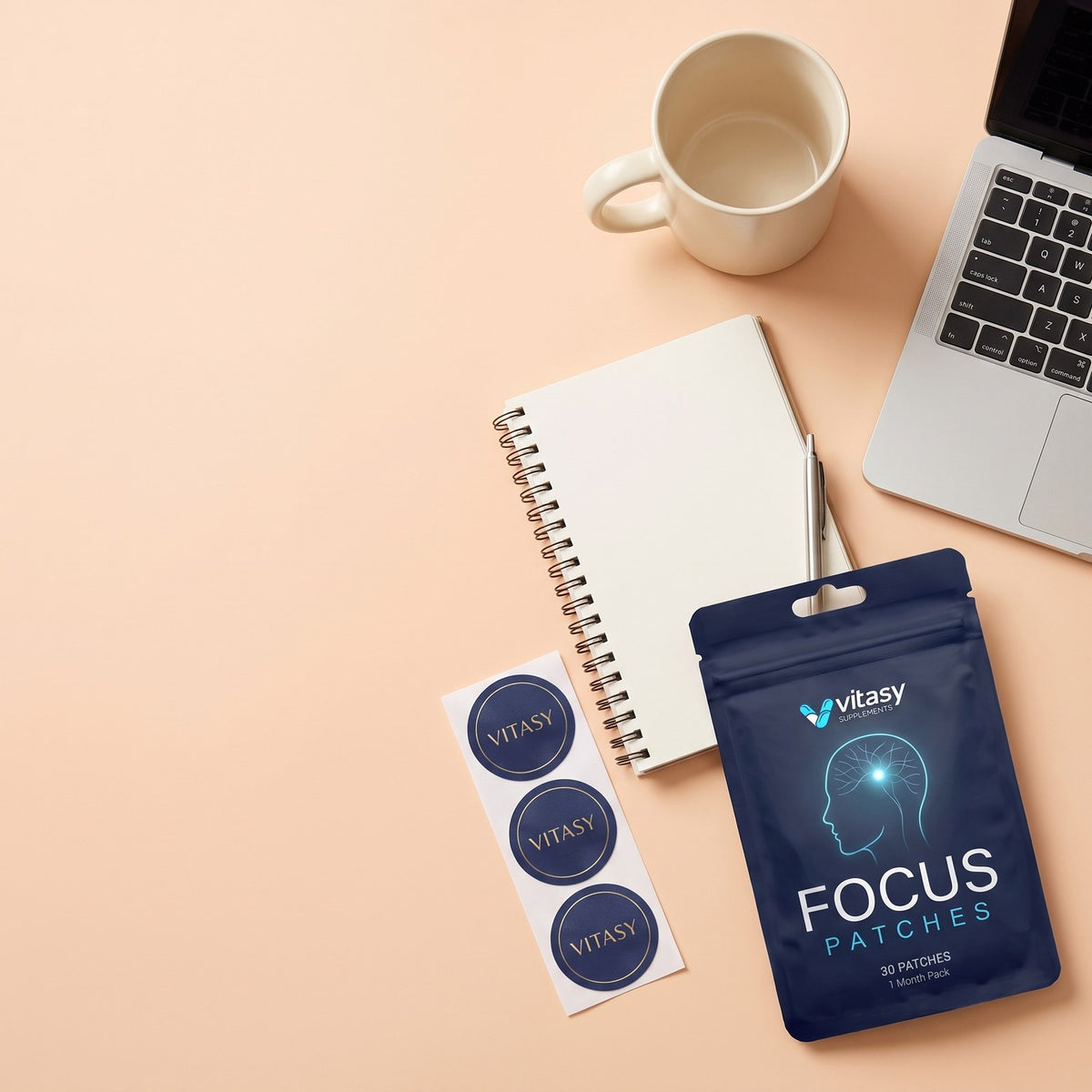 Vitasy Focus Patches on a desk with a notebook and laptop
