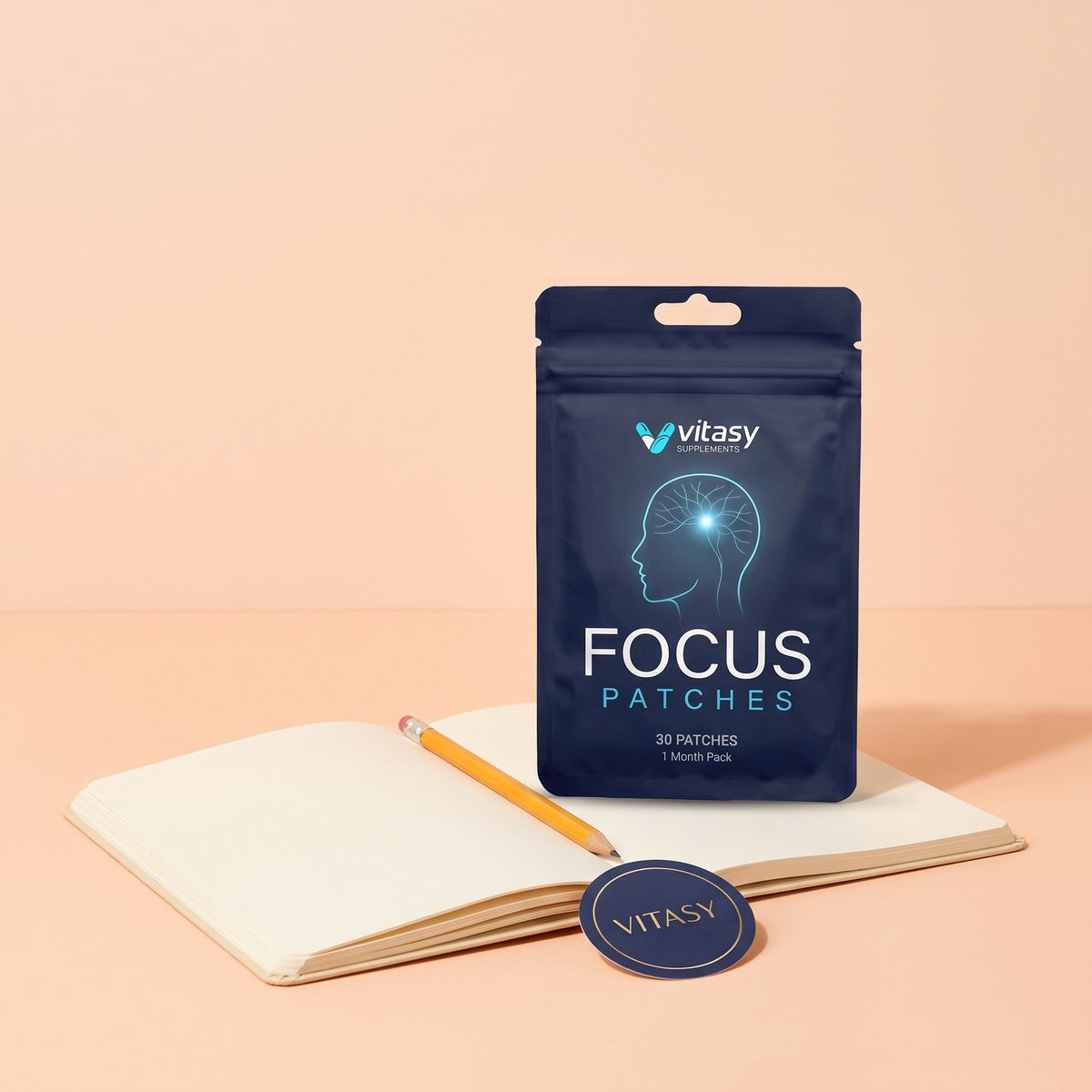 Vitasy Focus Patches pouch with notebook and pencil