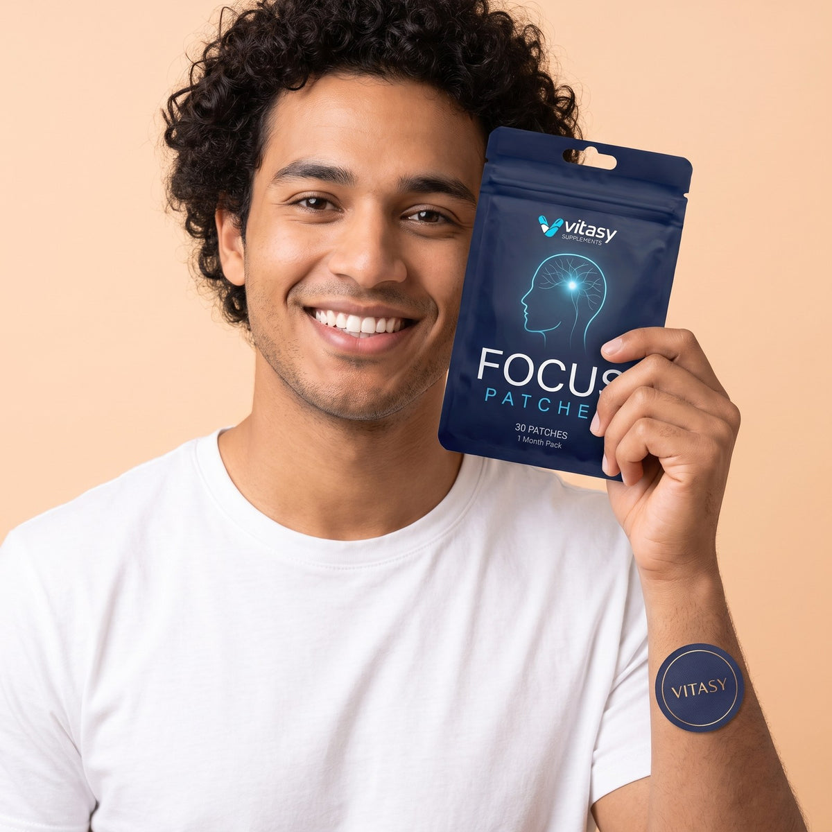 Man holding the Vitasy Focus Patches pouch