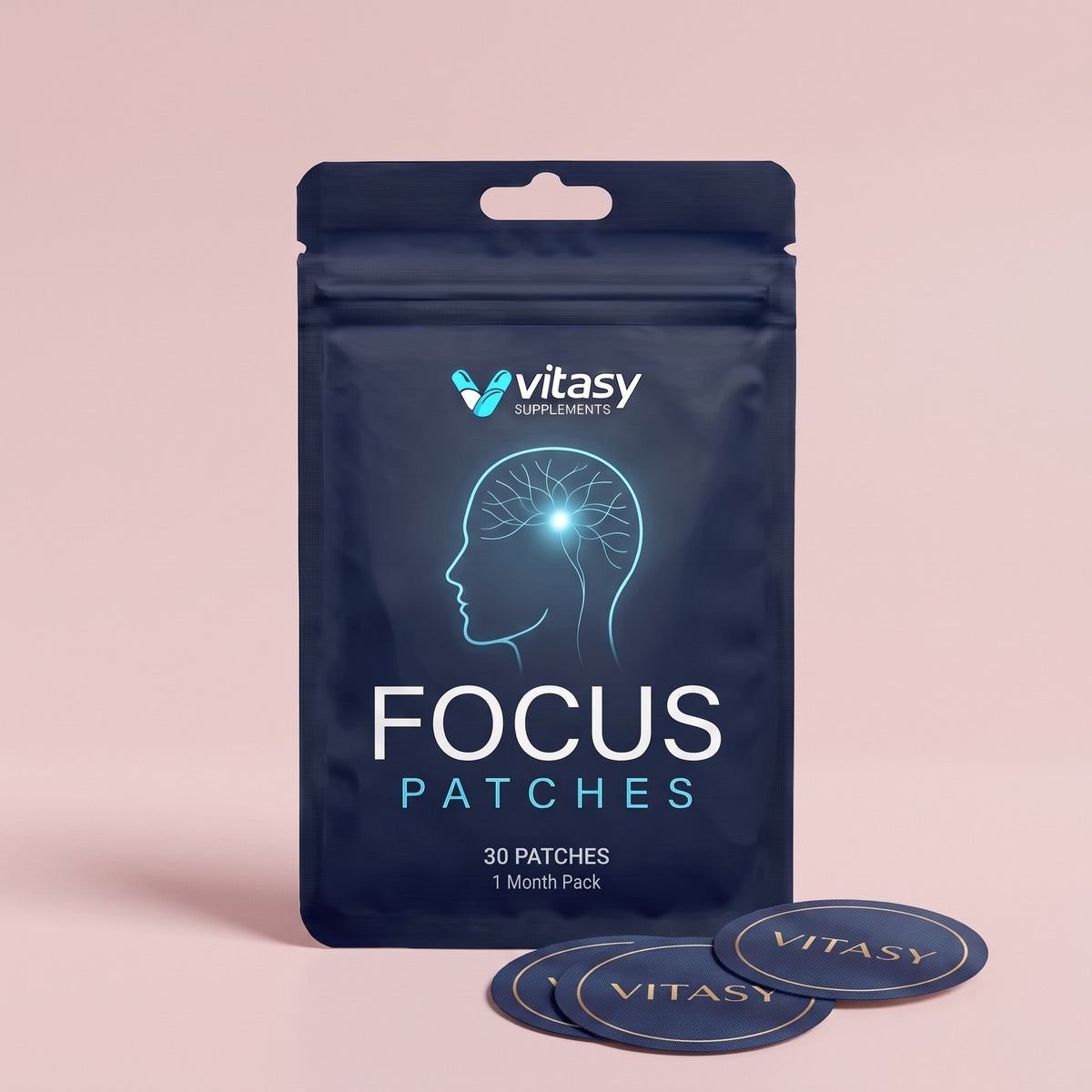 Vitasy Focus Patches pouch with three round navy patches