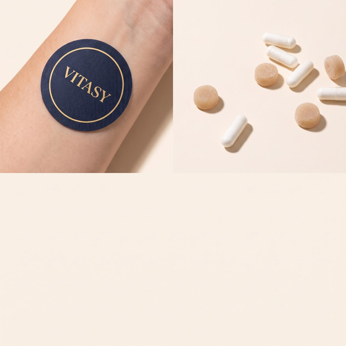 Vitasy patch on a forearm next to capsules and gummies