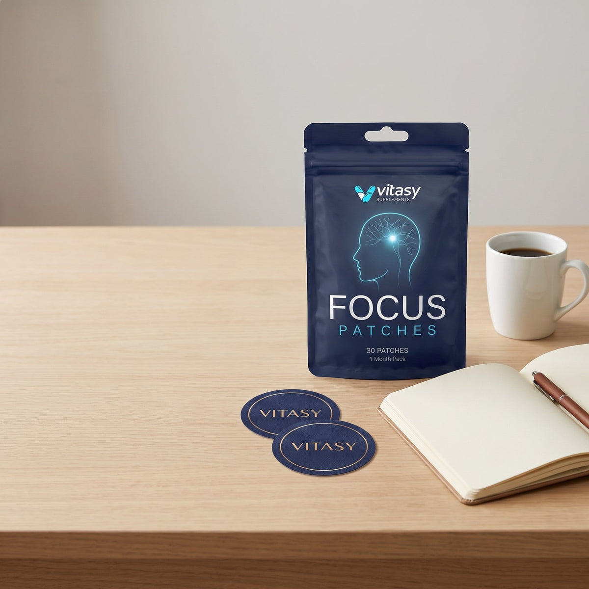 Vitasy Focus Patches pouch and patches on a desk