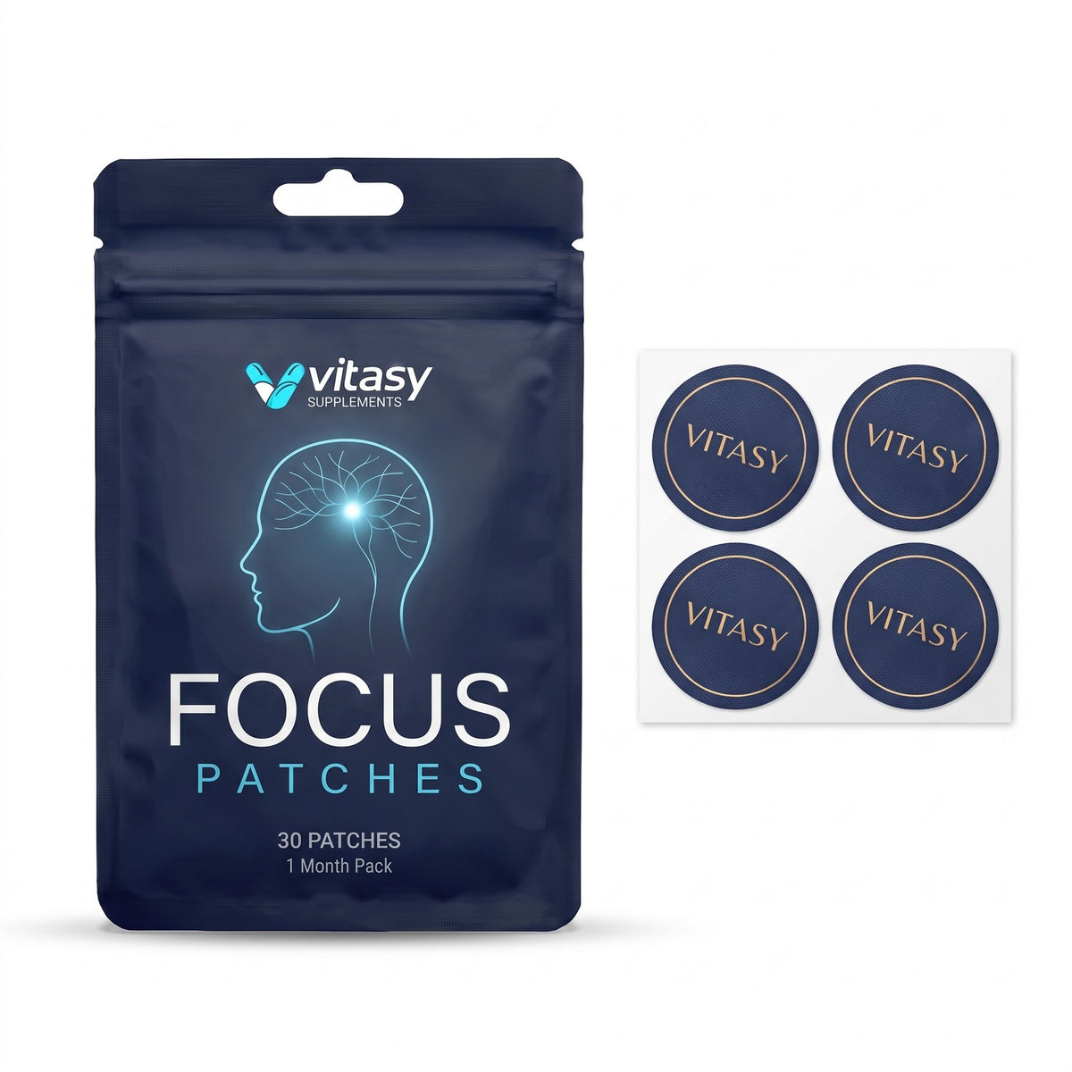 Vitasy Focus Patches pouch next to four round navy patches