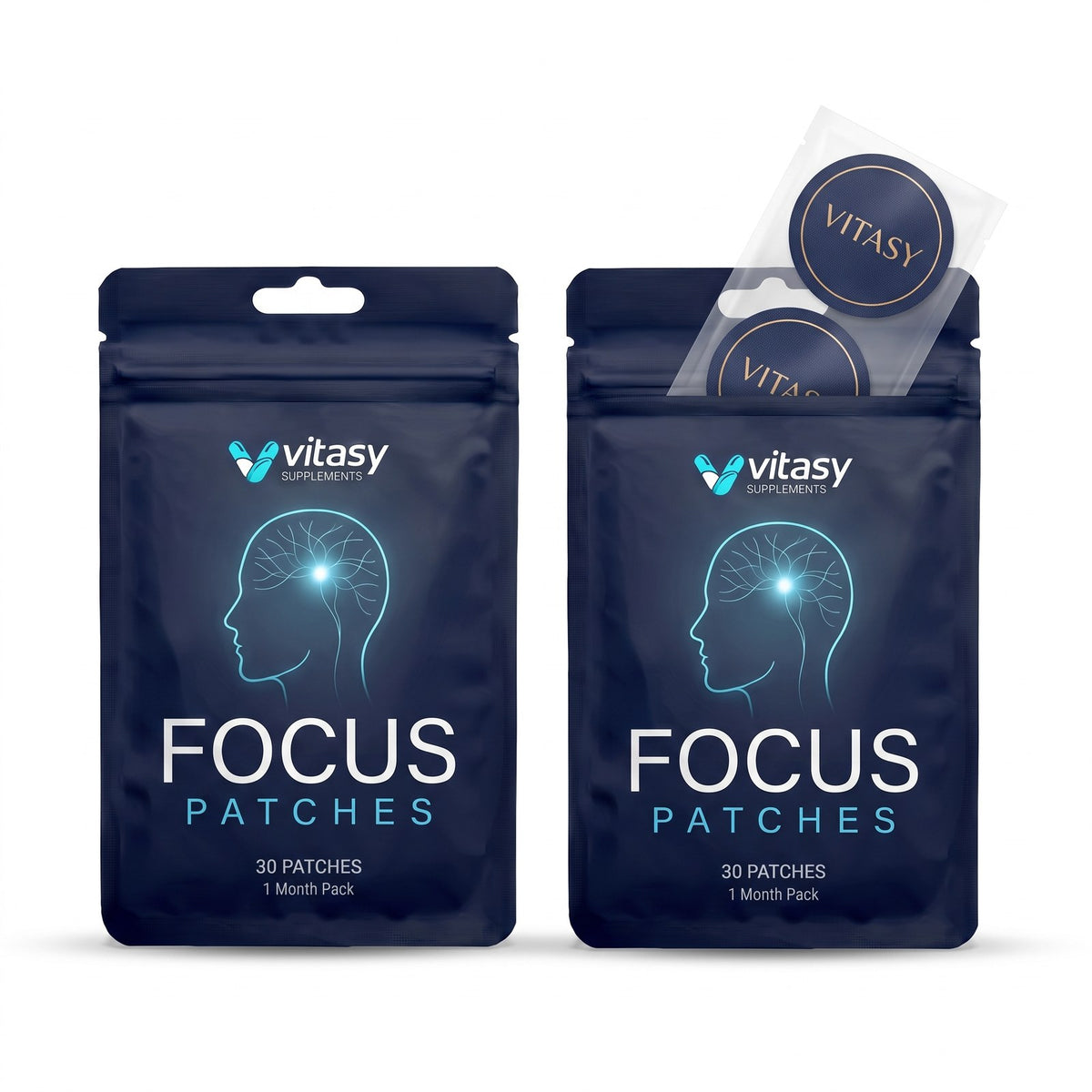 Closed and opened pouch of Vitasy Focus Patches