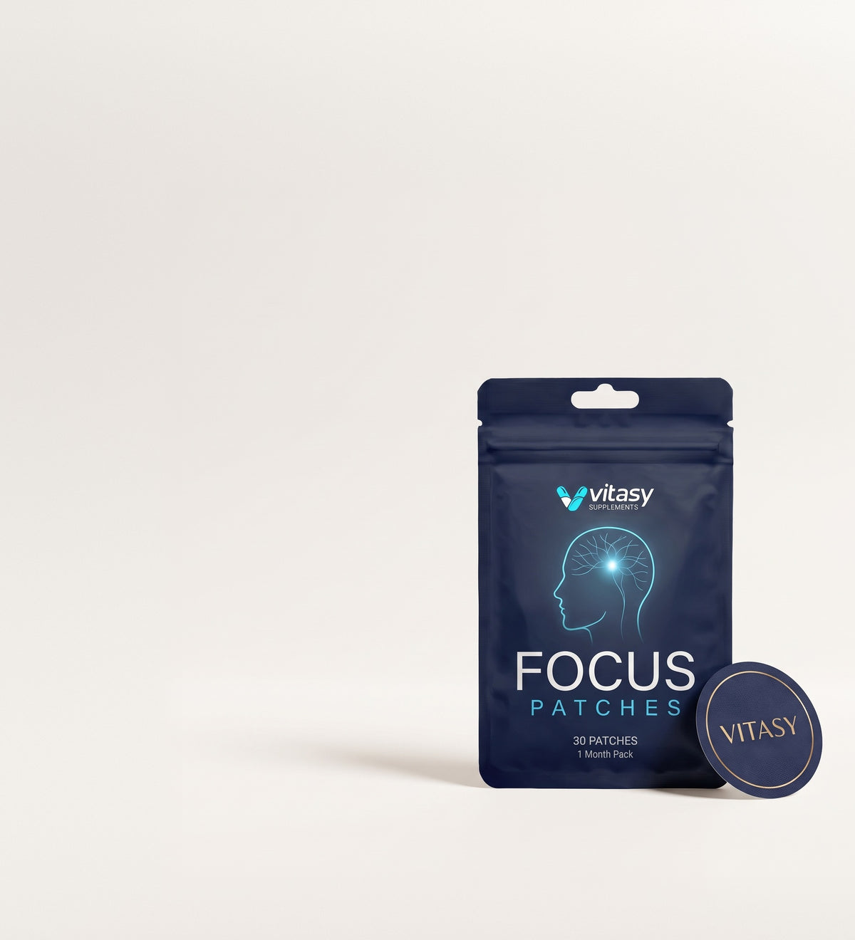Vitasy Focus Patches pouch with a patch beside it