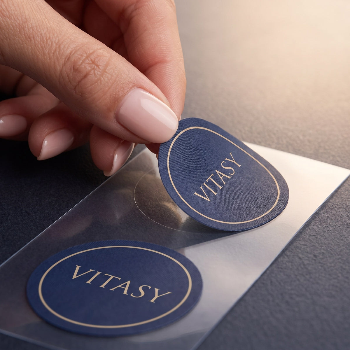 Fingers peeling a round navy Vitasy patch from its clear backing sheet