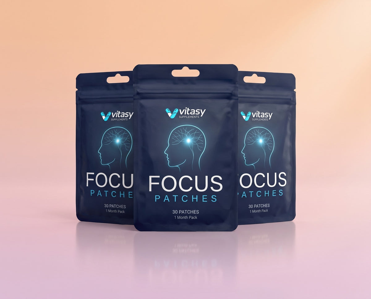 Three Vitasy Focus Patches pouches on a soft peach background