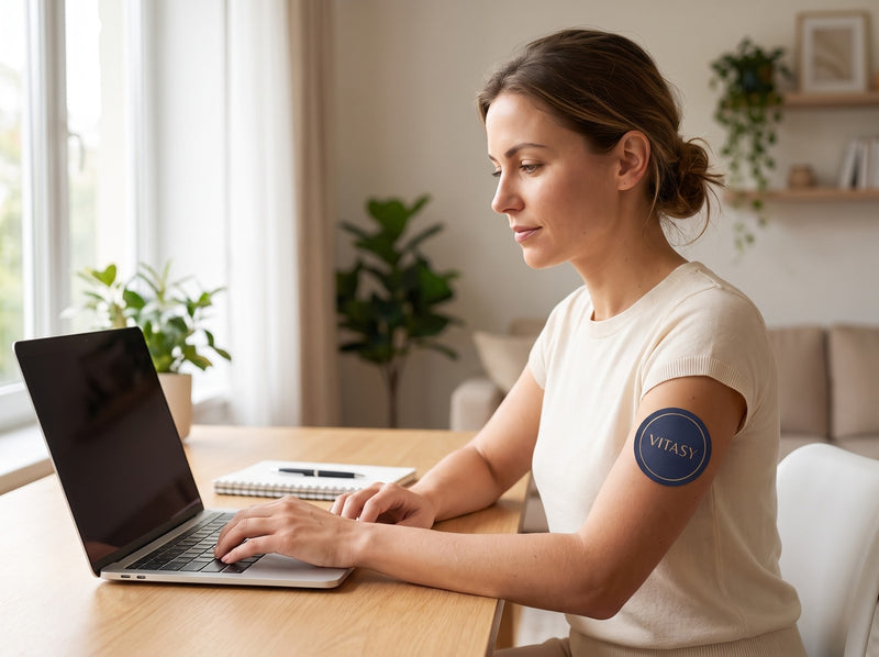 Woman working at her desk wearing a navy Vitasy patch on her upper arm