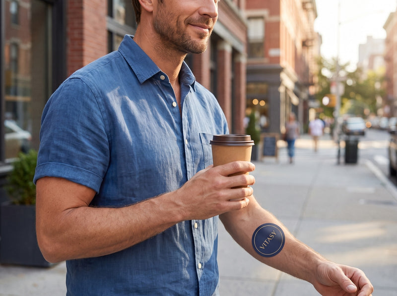 Man walking outdoors with a coffee, wearing a navy Vitasy patch on his forearm