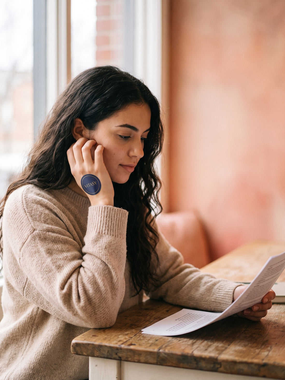 Woman reading her notes with a Vitasy patch on her hand
