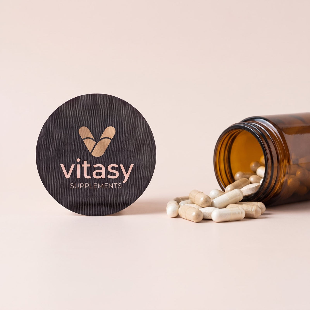 Vitasy patch next to a jar of capsules