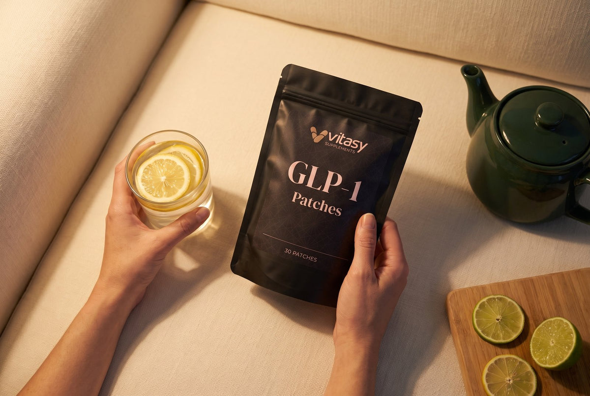 Holding a Vitasy patches pouch on the sofa