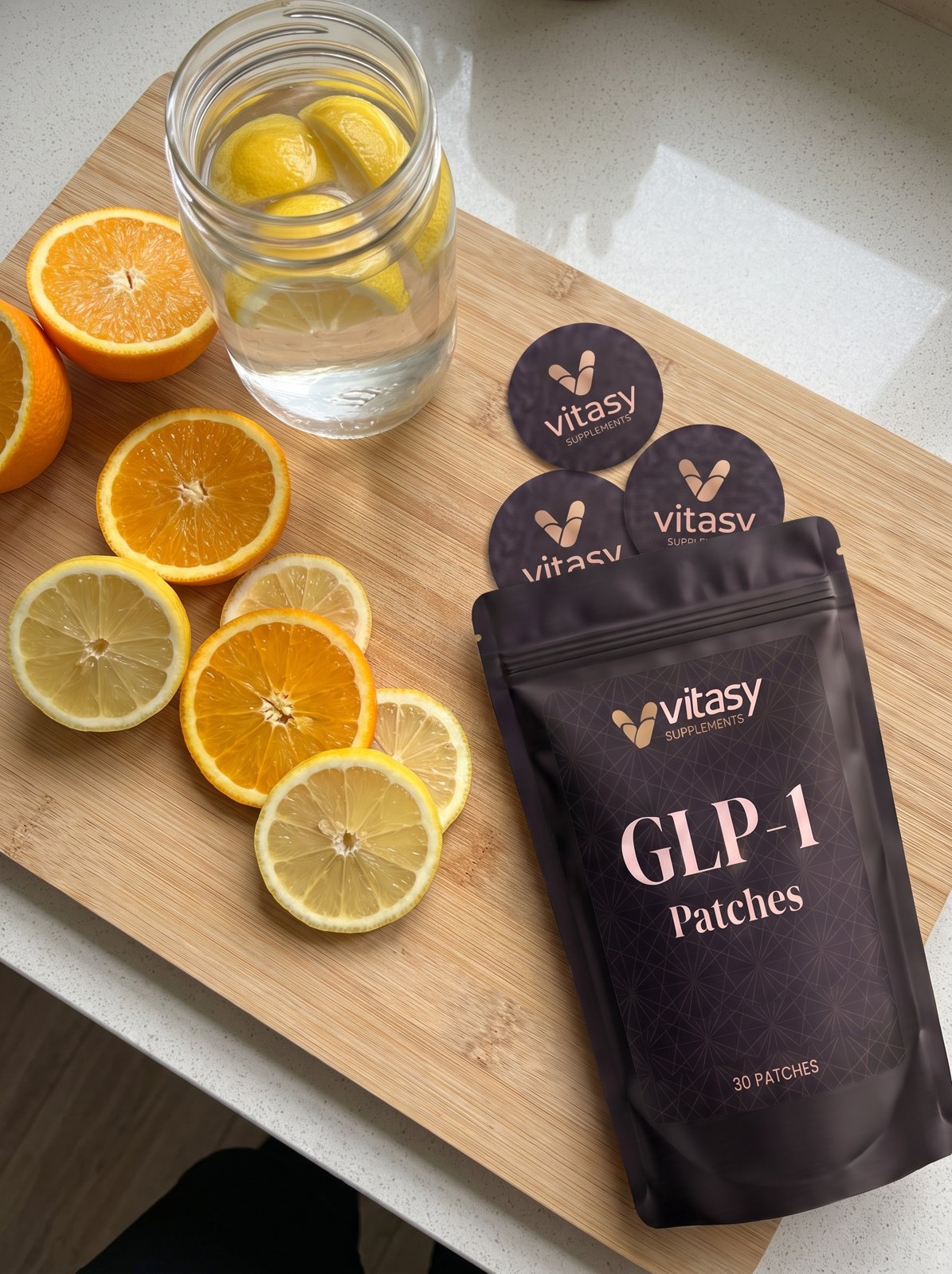 Vitasy pouch and patches on a cutting board