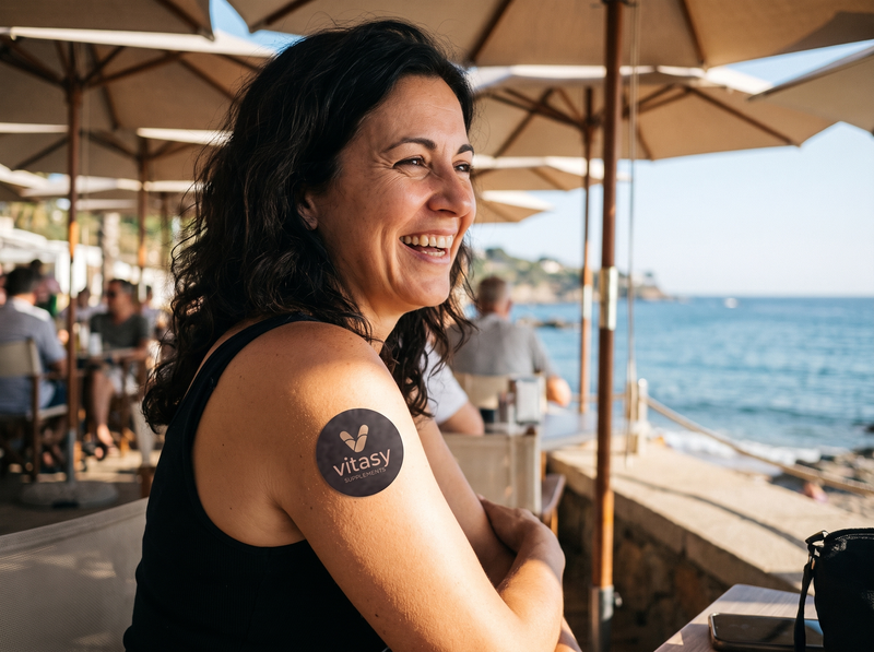 Woman at a seaside cafe wearing a patch on her arm