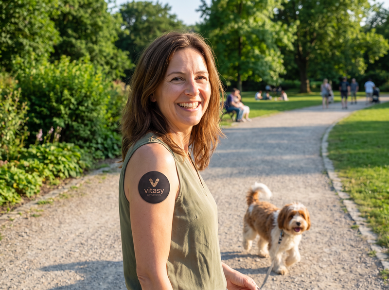 Woman walking her dog in the park wearing a patch