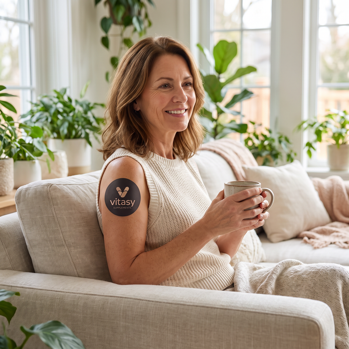 Woman relaxing with coffee wearing a patch