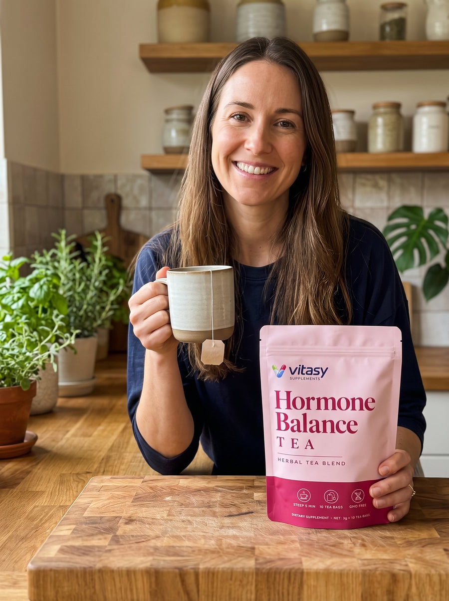 Woman with a mug of tea and the Vitasy Hormone Balance Tea pouch in her kitchen