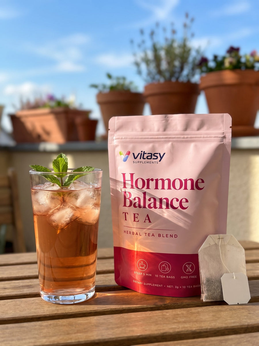 Iced herbal tea next to the Vitasy Hormone Balance Tea pouch on a sunny balcony