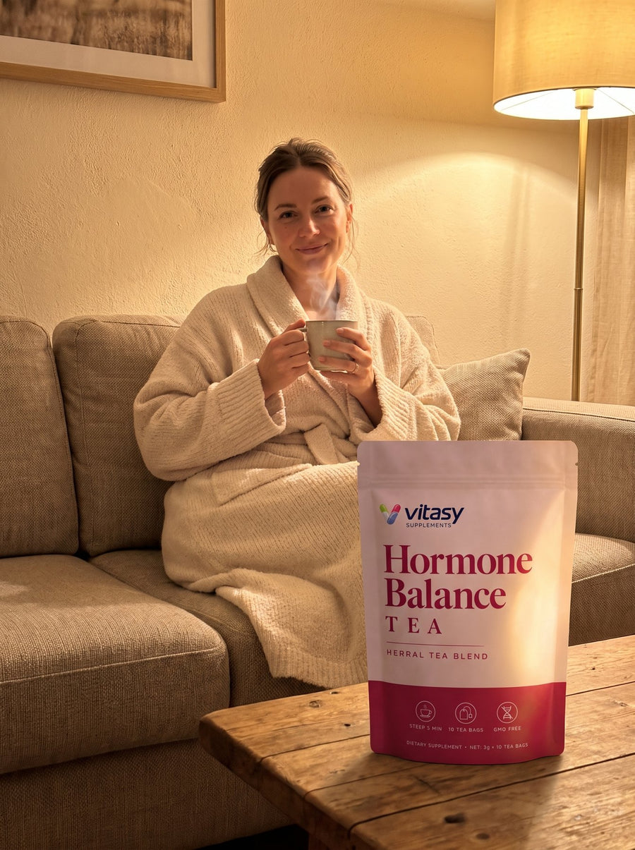 Evening tea moment on the sofa with the Vitasy pouch