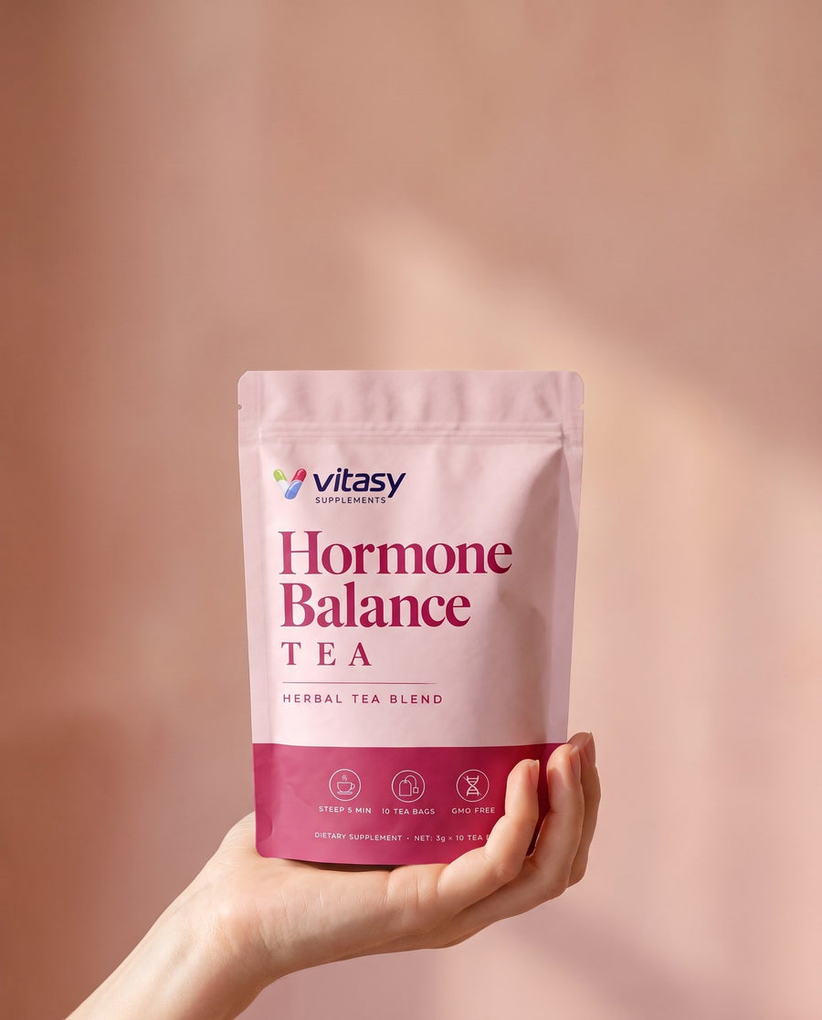 Hand holding the Vitasy Hormone Balance Tea pouch