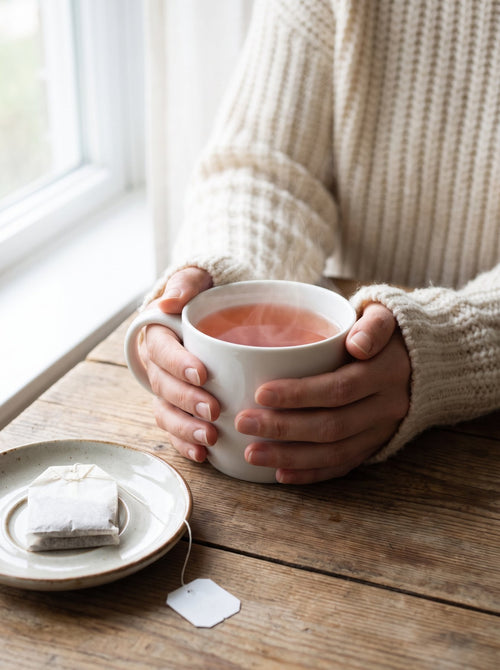 Hands holding a warm cup of herbal tea