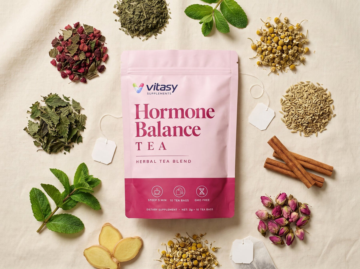 Vitasy Hormone Balance Tea pouch surrounded by herbs