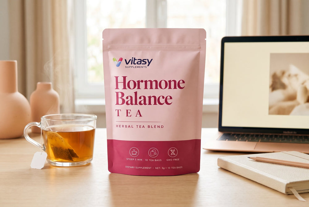 Midday cup of tea on a desk with the Vitasy pouch