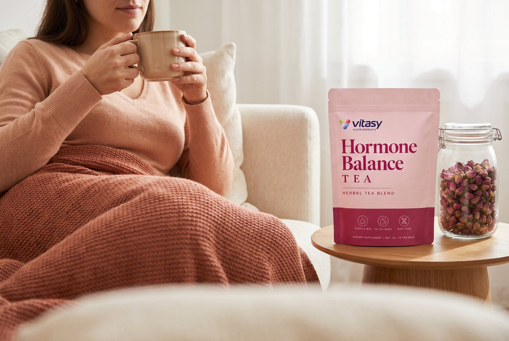 Woman relaxing on the sofa with a cup of tea next to the Vitasy pouch