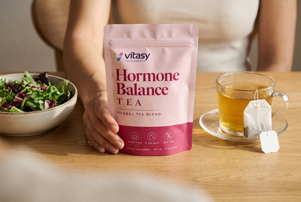 Vitasy Hormone Balance Tea pouch on a lunch table with a cup of herbal tea