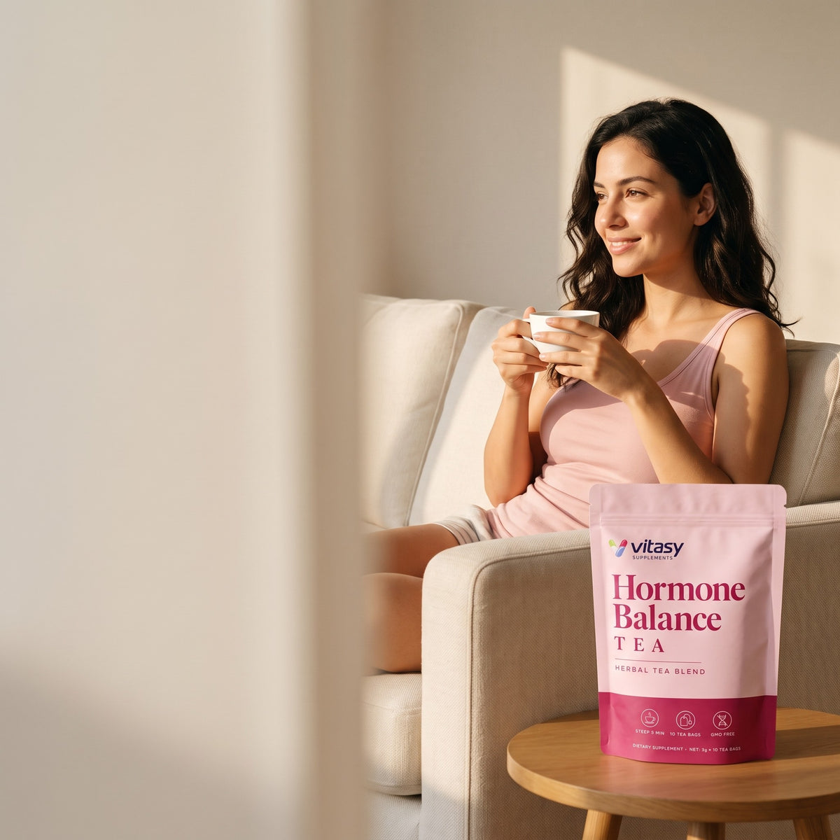 Woman relaxing on a sofa with a cup of herbal tea and the Vitasy tea pouch