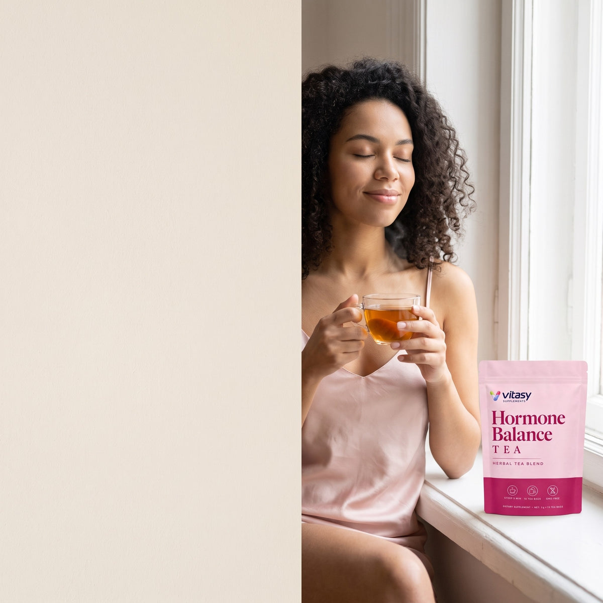 Woman enjoying a cup of herbal tea by the window