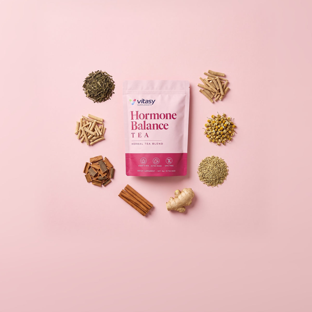 Eight herbal tea botanicals arranged around the Vitasy tea pouch