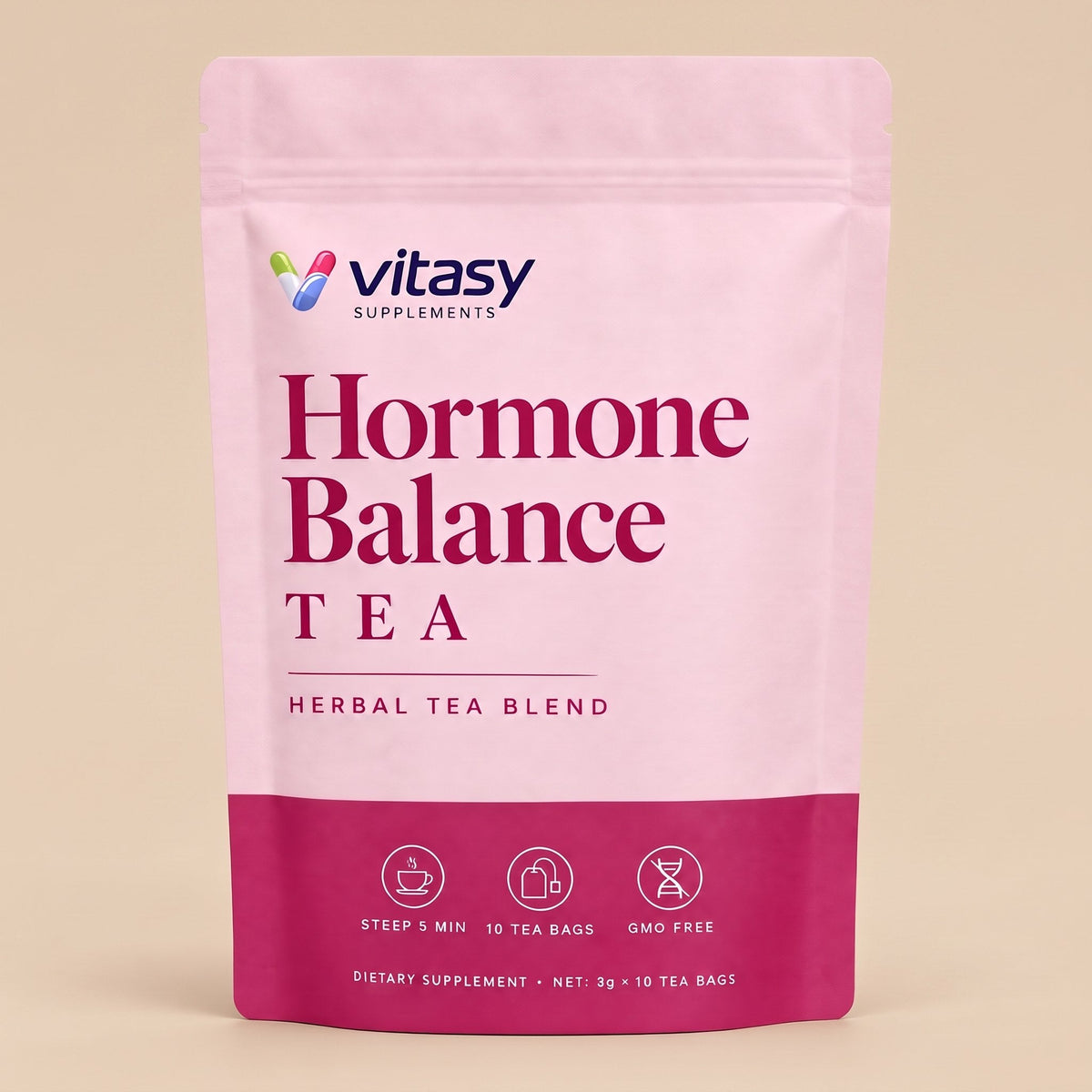 Vitasy herbal tea pouch on a beige background