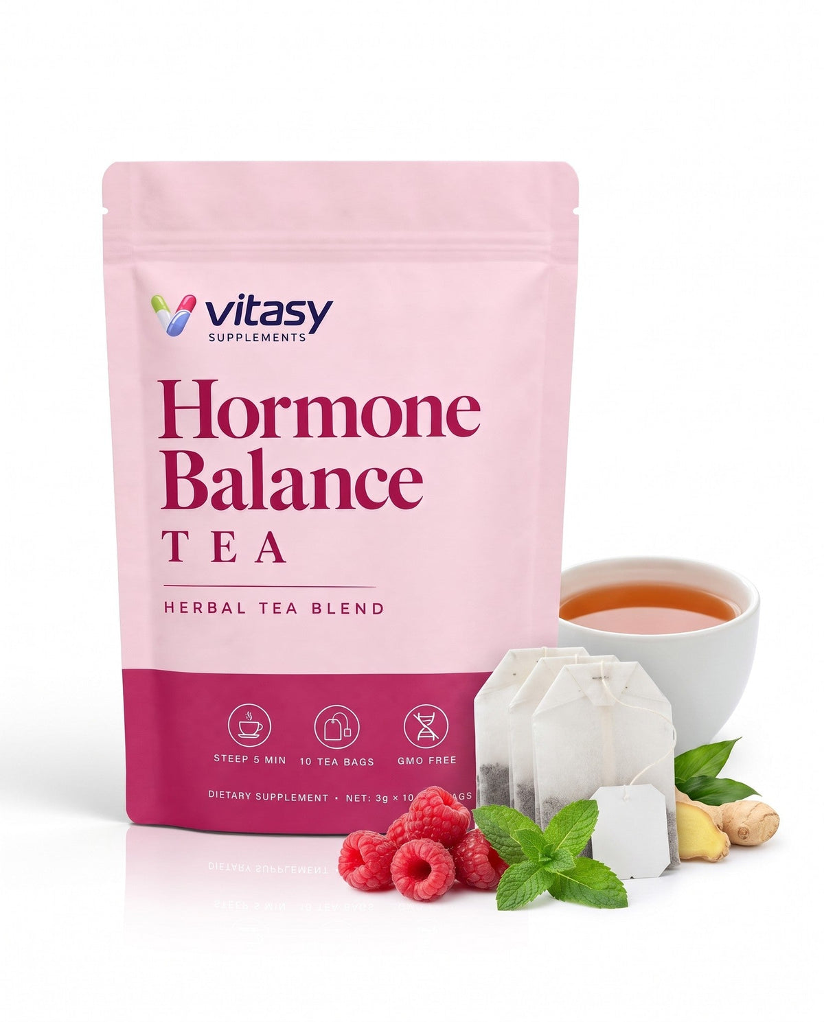 Vitasy herbal tea pouch with individual tea bags, raspberries, spearmint and ginger