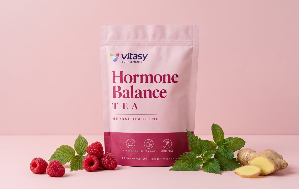 Vitasy herbal tea pouch with raspberries, nettle leaves, spearmint and ginger root