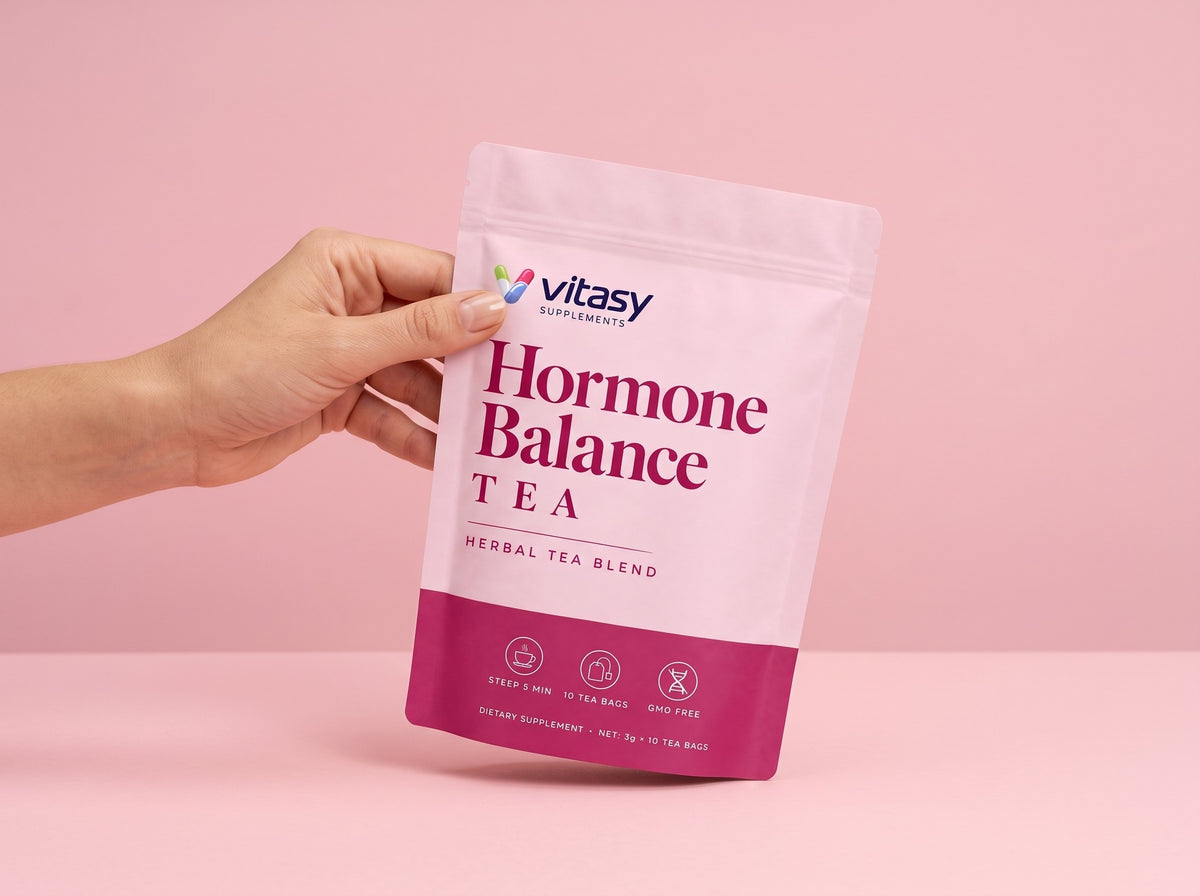 Hand holding a Vitasy herbal tea pouch against a pink background