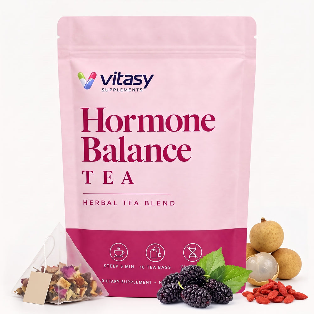 Vitasy Hormone Balance Tea pouch with a tea bag, mulberries, longan and goji berries