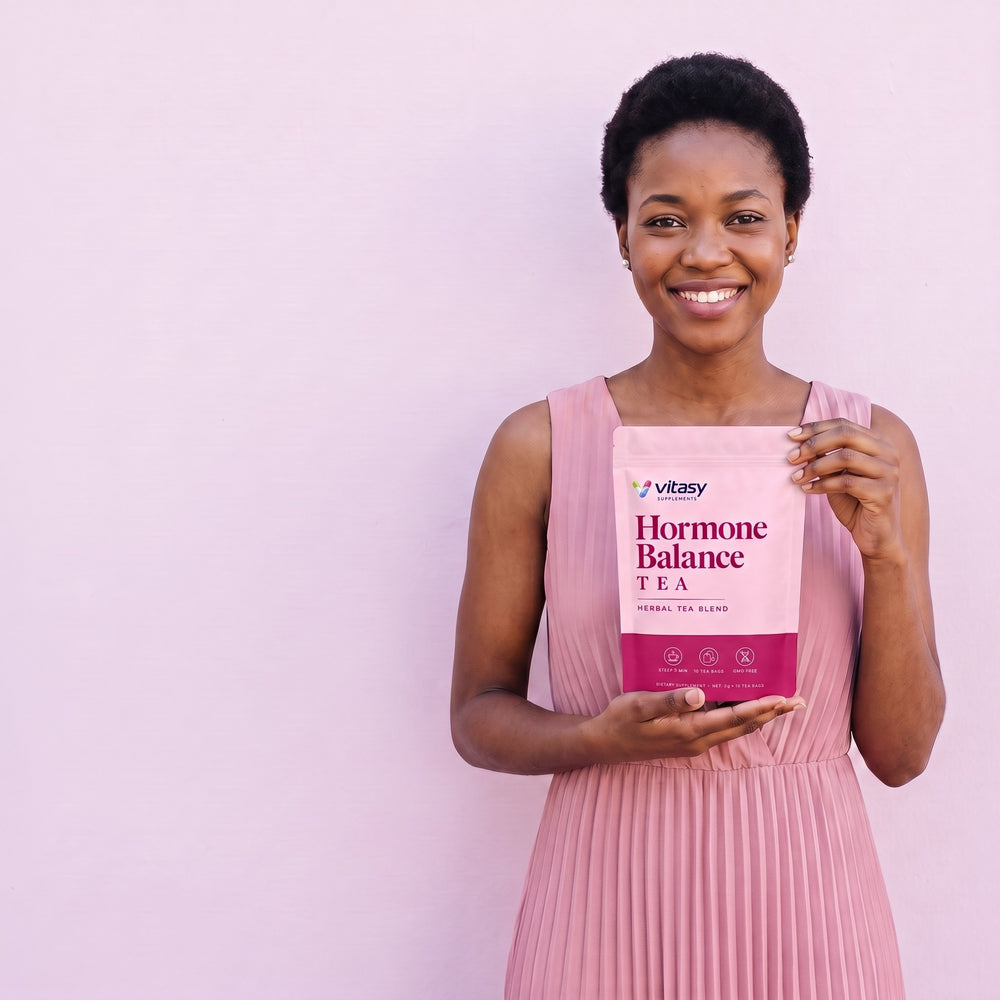 Smiling woman in a rose pleated dress holding a pouch of Vitasy Hormone Balance Tea