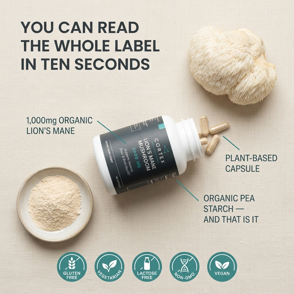 You can read the whole label in ten seconds - organic lion's mane, plant-based capsule, organic pea starch