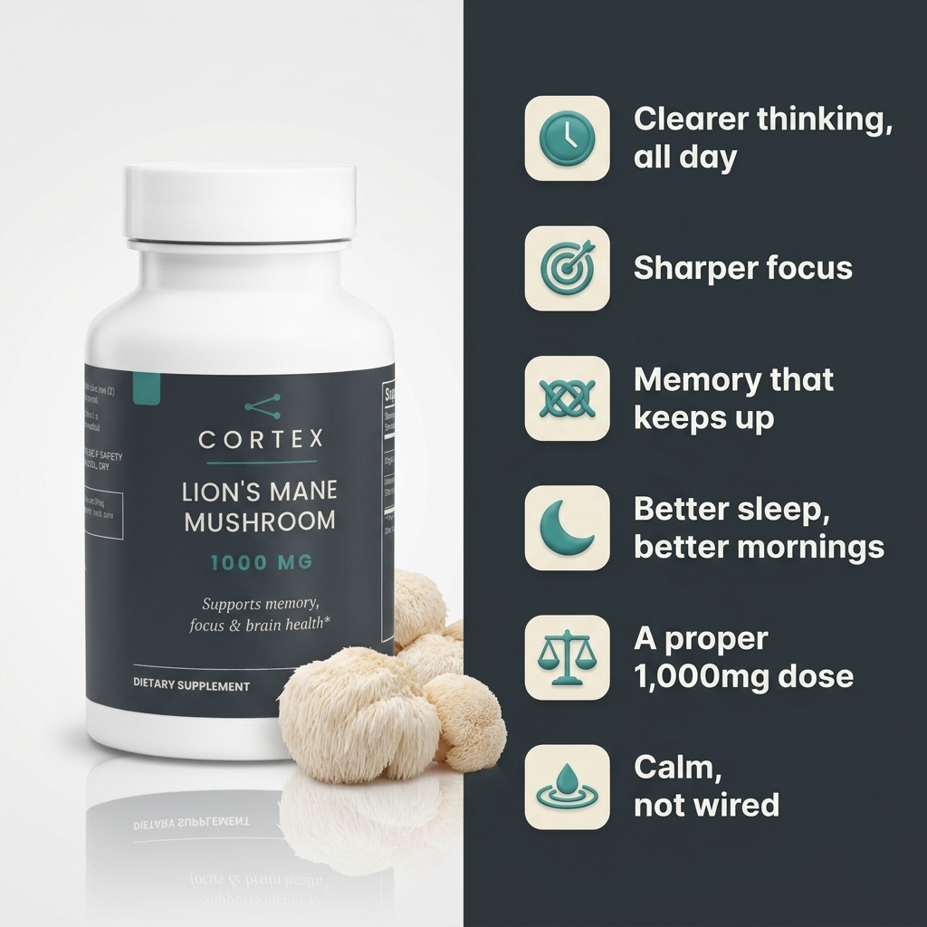 Six benefits of Cortex Lion's Mane - clearer thinking all day, sharper focus, memory that keeps up, better sleep, a proper 1,000mg dose, calm not wired
