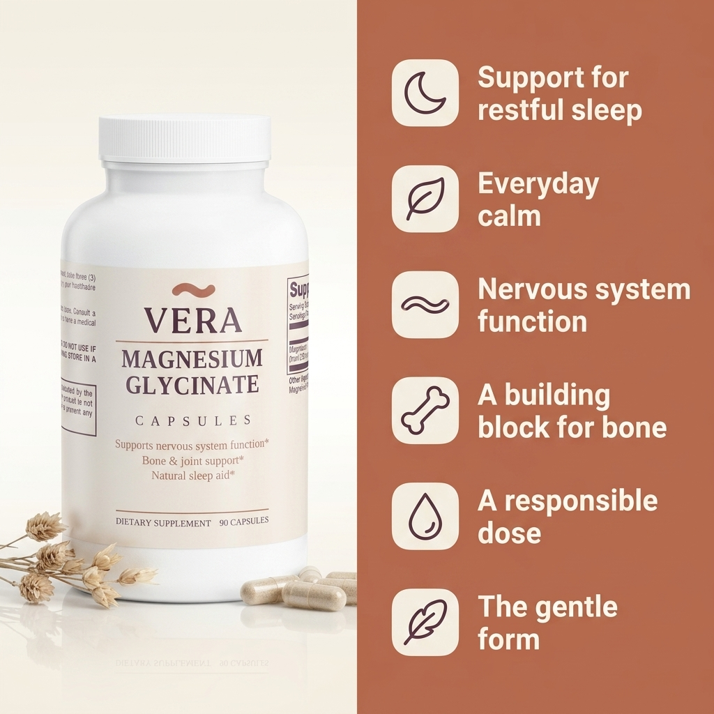 Six benefits of VERA Magnesium Glycinate - restful sleep, everyday calm, nervous system function, bone, a responsible dose, the gentle form