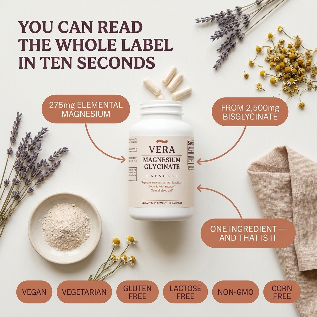 You can read the whole label in ten seconds - 275mg elemental magnesium from 2,500mg bisglycinate, one ingredient
