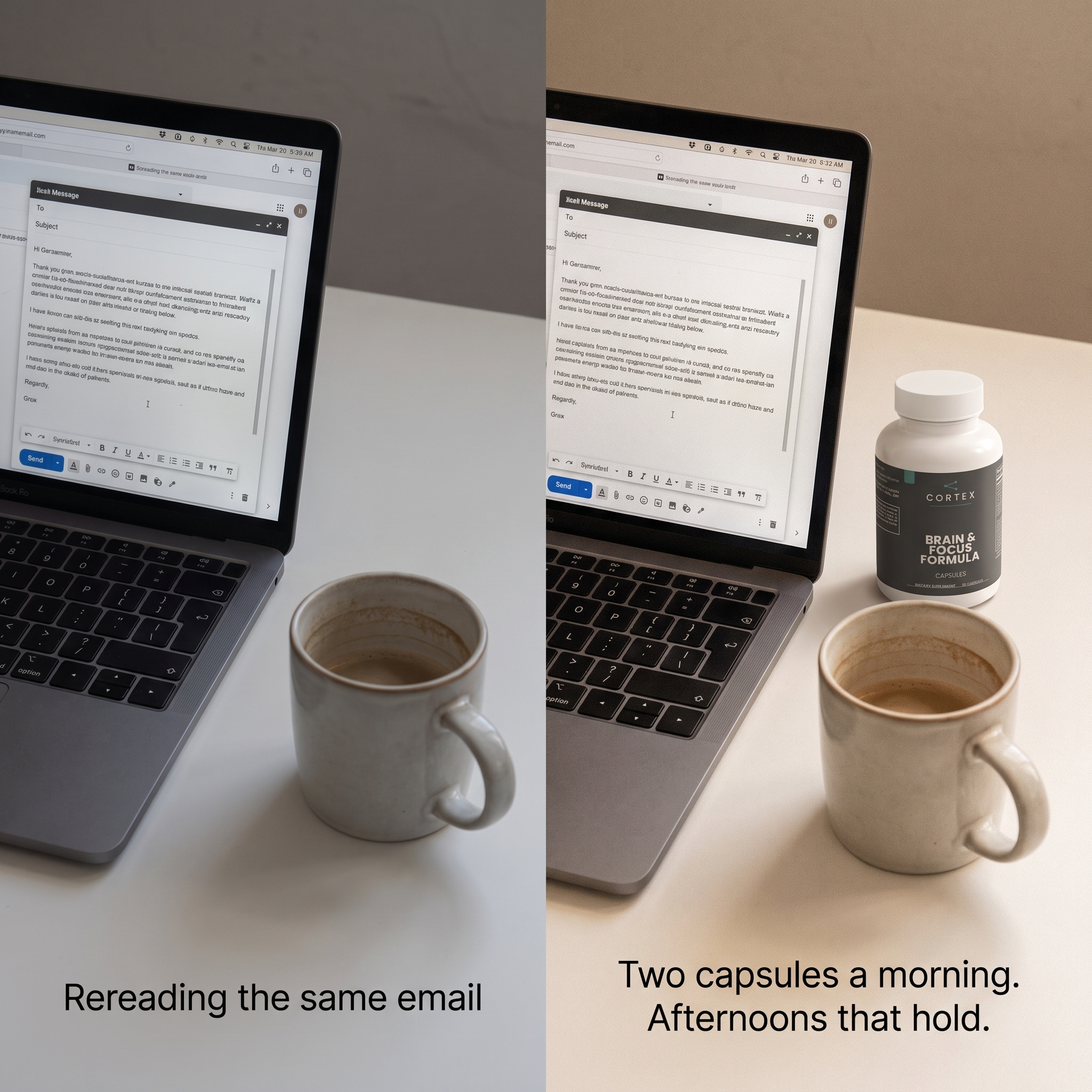 Rereading the same email. Two capsules a morning, afternoons that hold.