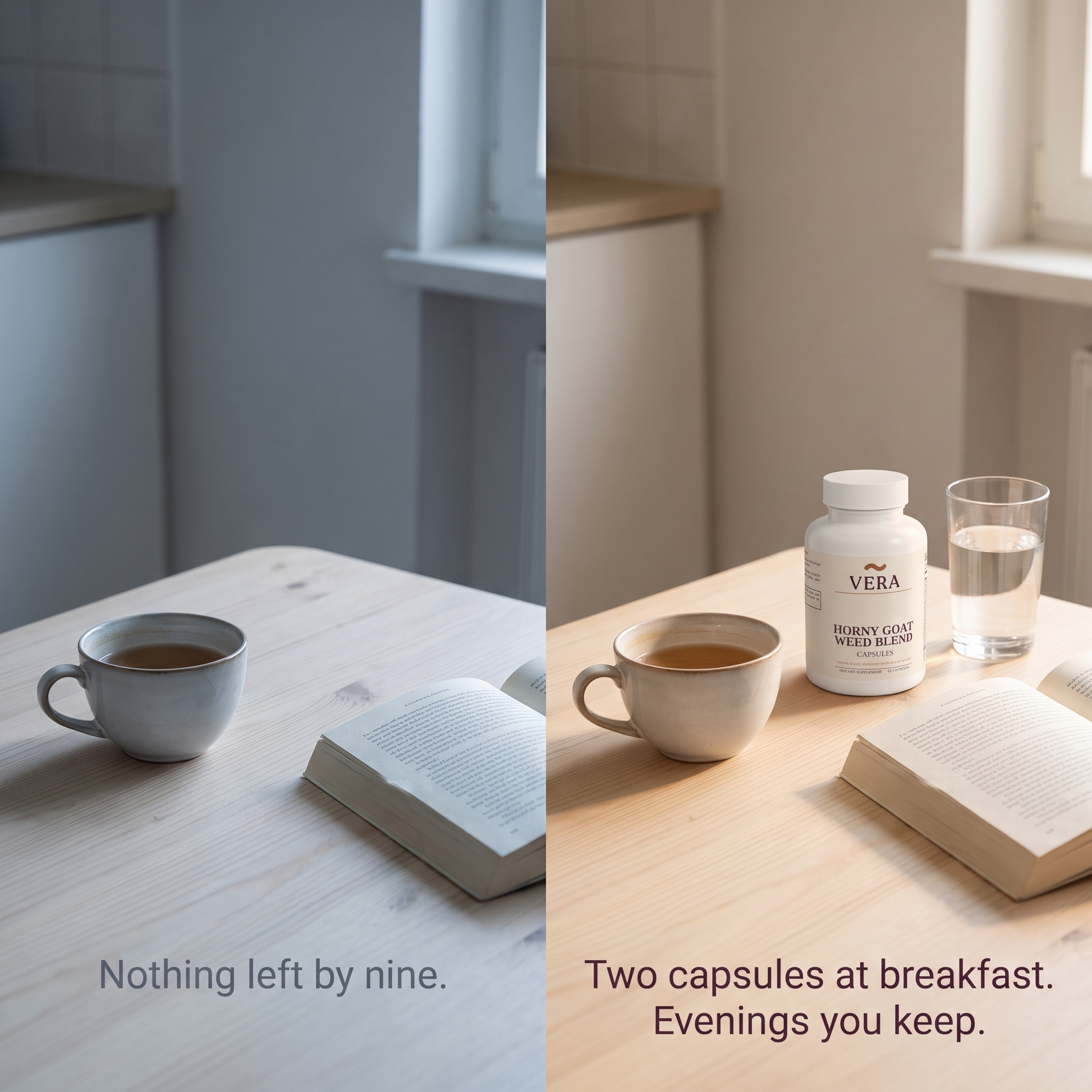 Nothing left by nine. Two capsules at breakfast, evenings you keep